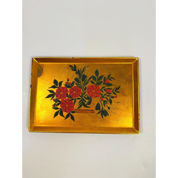 Floral Trinket Tray DIsh Catch All Japanese Laquerware Gold Leaf Hand Painted - Picture 2 of 16